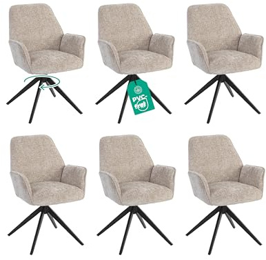 Linele Esszimmerstühle 6er Set Beige weicher Chenille-Stoff 360° drehbar | Rückholfunktion mit Wellenfederung, modernes Design, einfache Montage, PFC-frei, OEKO-TEX® zertifiziert