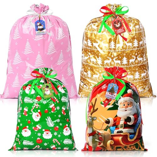 AhfuLife Weihnachten Geschenkbeutel mit Kordelzug, 4 Stück Weihnachtsgeschenkbeutel 4 Designs 2 Größen mit Geschenkanhänger Weihnachten für Weihnachtsgeschenke Verpacken Xmas Deko