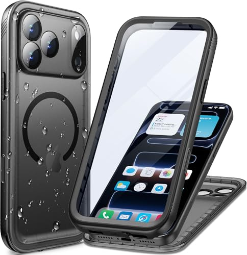 Cozycase Coque Top Antichoc IP68 Etanche pour iPhone 17 Pro Max pour Magsafe 360 Intégrale Anti Choc Eau Protection Incassable Double Waterproof Magnétique Full Case pour iPhone 17 Pro Max, Noir/M