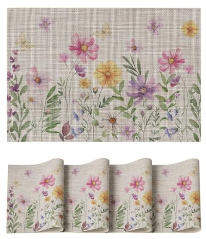 Artoid Mode Lot de 4 sets de table en PVC résistant aux taches et à la chaleur - 30 x 45 cm - Motifs fleurs et papillons - Décoration de cuisine