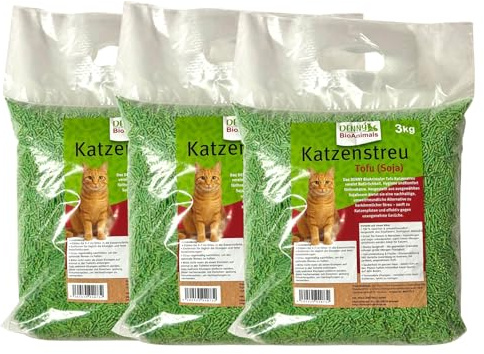 Tofu Katzenstreu 9 kg (3 Säcke je 3 kg), 24 L, – 100% natürlich & biologisch abbaubar – Ultra saugstark, klumpend, staubfrei & geruchsneutral – nachhaltige Katzenstreu aus Pflanzenfasern.