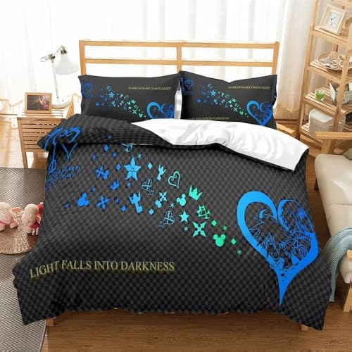 JGGXHM Parure de lit Motif cœur Bleu Kingdom Heart, Ensemble de Linge de lit de Luxe, Housse de Couette Tendance, Ensembles de lit Noirs avec taie d'oreiller (140 x 200 cm)