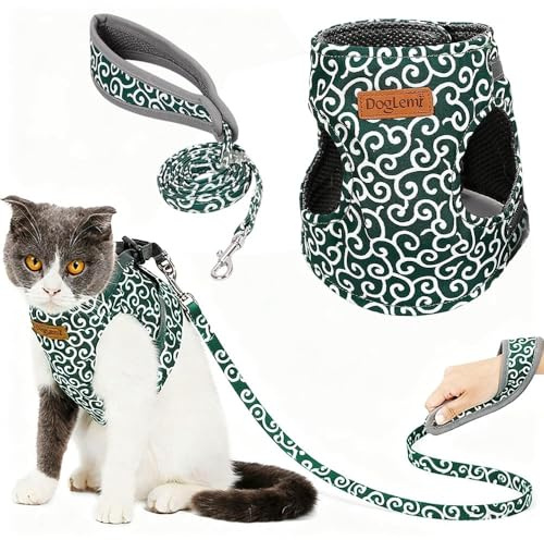 Hundegeschirr und Leine, ausbruchsicher, weiches, atmungsaktives Netzgewebe und bequemes Katzengeschirr und Leine, bruchsicherer Brustgurt, für Reisen, Spaziergänge (Grün, XL)