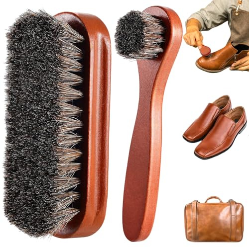 2 Pieces Horsehair Shoe Brush with Wooden Handle, Soft Bristle Leather Cleaning Brush for Shoes, Boots & Bags