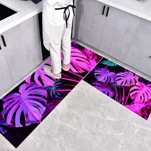 Foglie di Monstera Tappetini da cucina 2 pezzi, Tappeto Cucina Antiscivolo, Antiscivolo Impermeabile Illustrazioni di piante, lavabile, Adatto per corridoi, cucine, bagni, 40x60+40x120cm