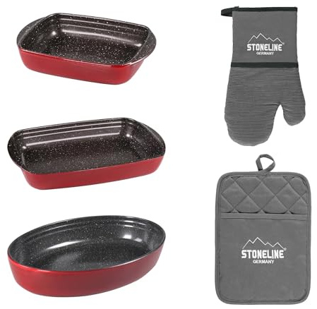 STONELINE Küchenset 5-teilig, Auflaufformen aus Borosilikatglas antihaftbeschichtet mit echten Steinpartikeln eckig und oval, Ofenhandschuhe Topflappen aus Baumwolle, waschbar, rutschfest, Grau