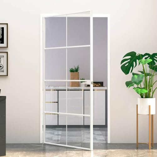 Puertas correderas divisoras de habitaciones, puerta interior blanca, 102 x 201,5 cm, vidrio templado y aluminio delgado, para crear un ambiente abierto y brillante