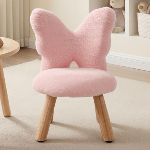 chairus Barnpall med fjärilsformat ryggstöd barnstol i fuskpäls liten träpall för sovrum, vardagsrum, rosa