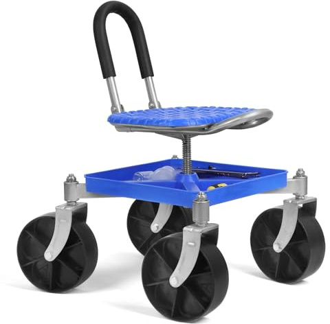 cadciehe Sgabello da giardino girevole a 360° su ruote, con vassoio porta attrezzi, telaio in acciaio resistente, per giardinieri, anziani, colore blu