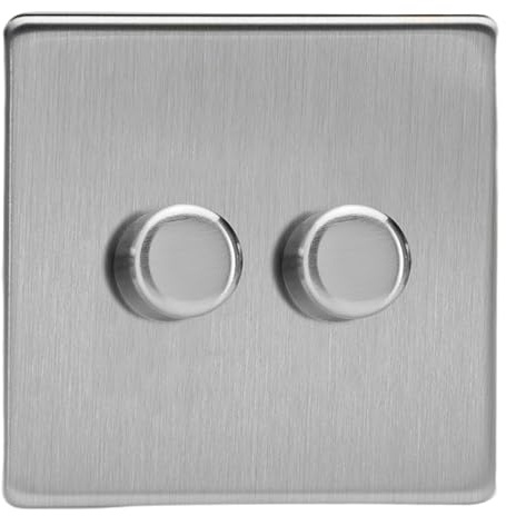 Varilight Brushed Steel Screwless, LED Dimmer Switch - V-Pro Series, 2 Gang (Single), 1 or 2 Way, 250 Watt (Trailing Edge)