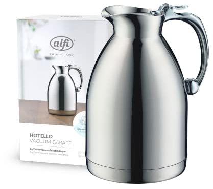 alfi HOTELLO 1,0l, Isolierkanne aus doppelwandigem Edelstahl, hält 4 Stunden warm, 6 Stunden kalt, locker aufliegender Deckel, mit einer Hand ausgießen, plastikfrei, spülmaschinenfest, für Gastronomie