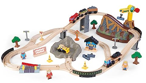 KidKraft Bucket Top Holzeisenbahn Baustelle mit Aufbewahrungsbox mit Deckel, Eisenbahn Set mit Zubehör und Baustellenfahrzeuge, Zug Spielzeug für Kinder ab 3 Jahre, 17805
