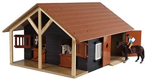 Van Manen - Kids Globe Farming 610167 - Clapier en Bois pour Chevaux - Échelle 1/24 avec 2 Boxes, Atelier, Toit et Portes Mobiles