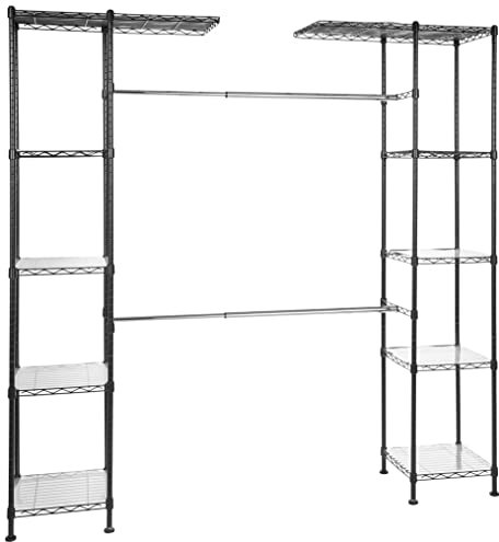 Amazon Basics Ausziehbarer Offener Kleiderschrank mit 10 Höhenverstellbaren Einlegeböden - Maximalgewicht 521 kg, Schwarz, 144.8 - 203.2 x 35.6 x 182.9 cm