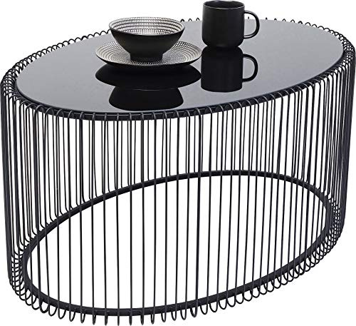 Kare Design Couchtisch Wire Uno, Schwarz, Wohnzimmertisch, Beistelltisch, Stahlgestell, Glas Tischplatte, oval, 41x90x60 cm (H/B/T)