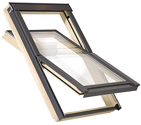 YARDLITE DVX Pine Wood Frame Roof Window, FSC Certified, Vented Centre-Pivot Loft Attic Skylight. Bundle with Plain, Slate, Tile or Universal Flashing - C4A (55 X 98cm) + Slate Tile Flashing