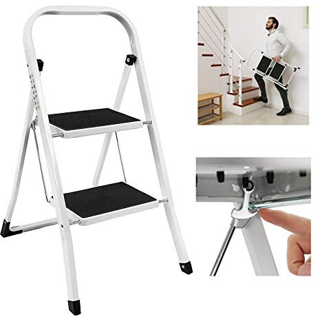 Trittleiter 2 Stufen Klappbar Stahl Klappstufen Haushaltsleiter Klapptritt Stufenleiter platzsparend, bis 150 kg belastbar (2-Stufen-Trittleiter)