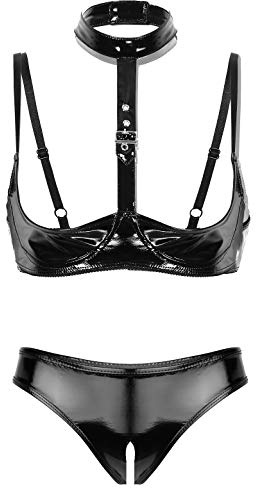 CHICTRY Womens 2 Piece Lingerie Set Stretch Vinyl Shelf Bra Quarter Cup Bra Tops with Panty Nightwear