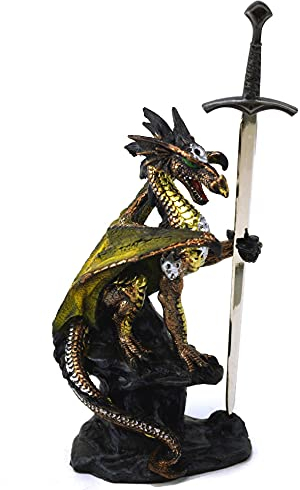 GeKi Trend Drachen Figur mit Schwert Fantasy Gothic Dekofigur Drache 23 cm groß Brieföffner
