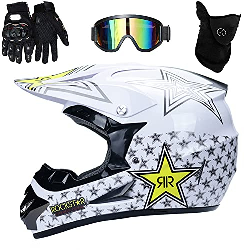 UIGJIOG Casco De Motocross para Adultos Casco De Motocicleta MX Scooter ATV Casco Certificación Dot Gafas Guantes Máscara,Blanco,L(56~57cm)
