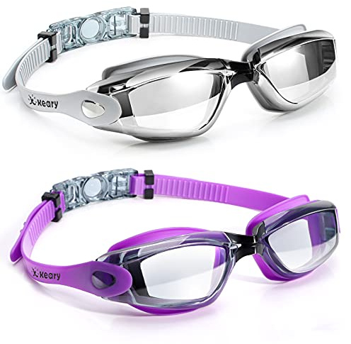 Keary Swim Goggles Pack of 2 Anti-Fog Swimming Goggles for Adults Women Men Youth Junior, No Leaking UV Protection Waterproof Mirrored Lens Triathlon Pool Goggles with 3 Size Nose Pieces & Earplugs