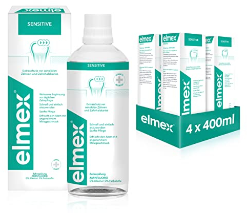 elmex Mundspülung Sensitive 4x 400ml – Mundspülung für Extraschutz vor schmerzempfindlichen Zähnen und Zahnhalskaries – für die tägliche Zahnreinigung ohne Alkohol mit Minzgeschmack