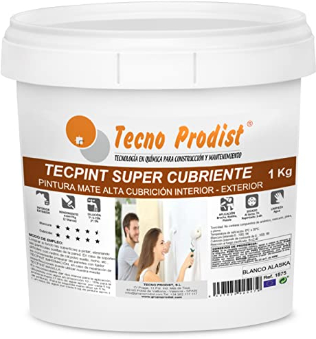 TECPINT SUPER DECKLACK von Tecno Prodist - 1 Kg (WEISS) Außen- und Innenfarbe auf Wasserbasis - Extra deckend, weißes Alaska-Finish - abwaschbar - geruchsneutral, nicht spritzend - einfache Anwendung