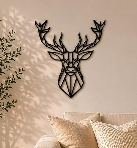 Pet-Jos GROSS Hirsch Wanddeko Holz 90 cm Hirschköpfe Deko Wanddekoration Geometrische Minimalistische Wandkunst Hängende Dekoration für Wohnzimmer Schlafzimmer Küche Flur Büro