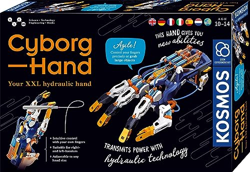 KOSMOS 617134 Cyborg-hand – hydrauliskt styrd XXL-robothand, justerbar storlek, lämplig för vänsterhänta, experimentlåda för barn från 10–14 år, flerspråkiga instruktioner