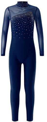 CHICTRY Turnanzug Ganzkörper Mädchen Langarm Voltigieranzug Lang Kinder Strass Glitzer Tanzbody Stehkragen Turntrikot Mesh Patchwork Sportbody Gymnastik Turn Outfit