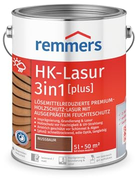 Remmers Vernice trasparente Acqua HK 3in1 noce, 5 litri, vernice per legno, per recinzioni, copertura per auto, casette da giardino, impregnante + fondo + finitura in uno