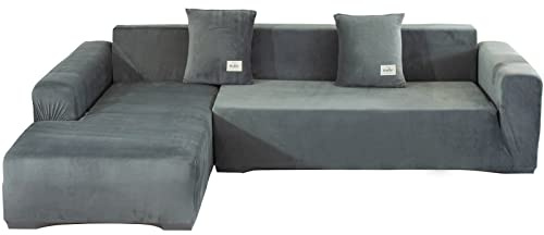 L-förmiger Sofabezug für 3-Sitzer – weicher Samt, L-Form, Sofabezüge, 3-Sitzer + 3-Sitzer-Couchüberzüge, Möbelschoner mit 4 Kissenbezügen für L-förmiges Sektionssofa (Grau, 3 + 3 Sitzer)