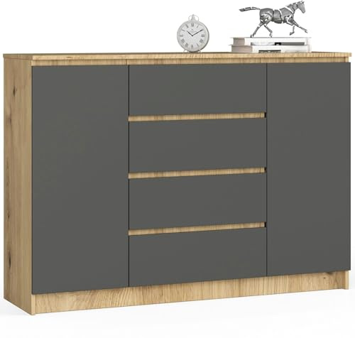AKORD Kommode K 140 cm 4 Schubladen und 2 Türen | zum Wohnzimmer Schlafzimmer Arbeitszimmer | Modernes funktionales Design | Schichtstoffplatte Farbe schwarz glänzend | Eiche Artisan/Graphitgrau