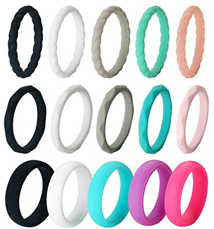 JewelryWe Women's Silicone Stacking Rings: 15 Packs Silicone Wedding Rings Engagement Rubber Band Stacking Ring Set for Lover Friends Fitness Outdoor Sports
