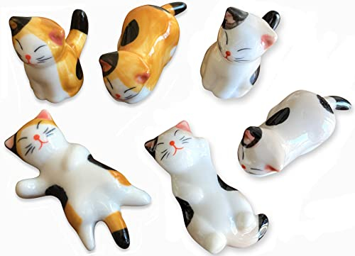 MIUFA Ceramic Cute Cat Chopsticks Rest Dinner Spoon Stand Knife Fork Holder (Flower Cat 6pcs)