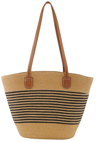 CHIC DIARY Straw bag Woven Tote Bag for Women Beach Purse Summer Shoulder Bag With Zipper Bohemian Crossbody Bag For Vacation(Black stripes)