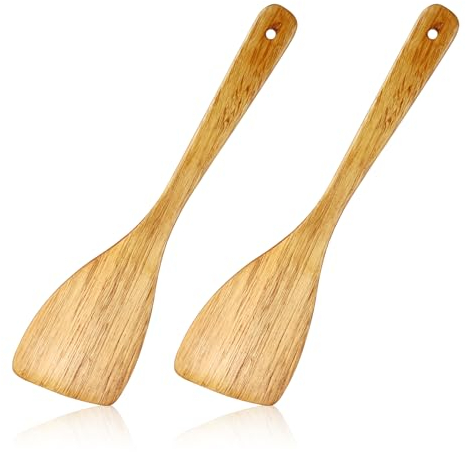 Lot de 2 cuillères de cuisine en bois dur de qualité supérieure avec long manche en bois massif dur 33 cm, idéales pour poêle/wok avec revêtement anti-adhésif