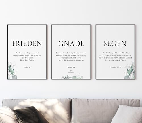 timalo SALT-AND-LIGHT® Christliche Wandbilder Bibelverse Deutsch Poster 3 Stück im 3er Set Wanddeko Wohnzimmer Deko Schlafzimmer | Frieden, Gnade, Segen | 70x50cm