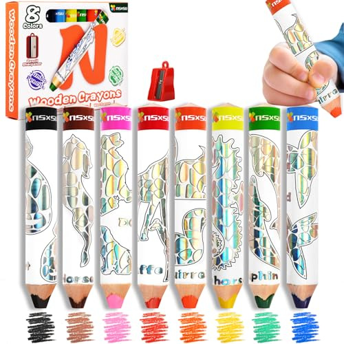 8 Dicke 3 in 1 Buntstifte Kinder, Woody Jumbo Wachsmalstifte ab 1 Jahr | Ideal für die Schule, Wasserfarbeffekt, glitzernde Tiermotive, leichter Griff für kleine Hände, kreativer Malspaß