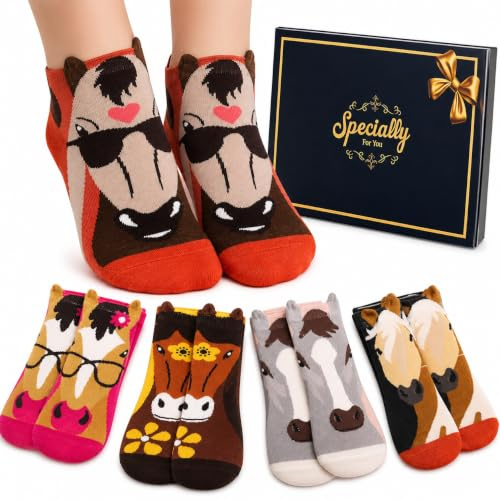 Belloxis Horse Gifts for Girls & Women 5-Pack Animal Ankle Socks, UK 4-7 | Horse Riding Socks For Women, Girls & Teens. Perfect For Christmas , Birthdays & Valentine's Horse Lover Gifts Animal Socks