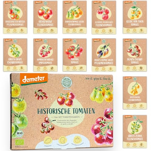 BIO Historisches Tomatensamen Set: 12 Sorten Demeter Tomaten Saatgut | Seltene, alte u. mini Tomatensorten allesamt samenfest | Gemüse Samen für Balkon, Hochbeet, Garten & als Geschenk | Loveplants