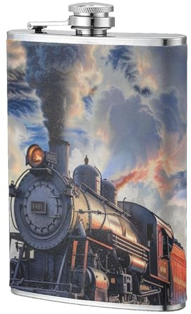 Flasque personnalisée imprimée train à vapeur en acier inoxydable 304 236,8 g – Étui en cuir synthétique de qualité supérieure, flasque plate pour sports de plein air