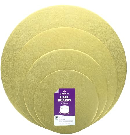 Culpitt Gold Cake Cards, 6-12 (30.5cm) Assorted - 4 Pack | 3mm Double-Thick, Sizes 6, 8, 10 & 12, Ideal For Sponge Or Cupcakes, Gold Fern Finish