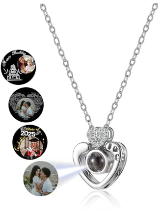 Jovivi Personalisierte Halskette Bild Projektion Kette mit Foto Herz Anhänger Silber Rose Gold 100 Sprachen Projektion Anhänger Schmuck Geschenk für Mutter und Tochter Oma Frau Feste (Silber)
