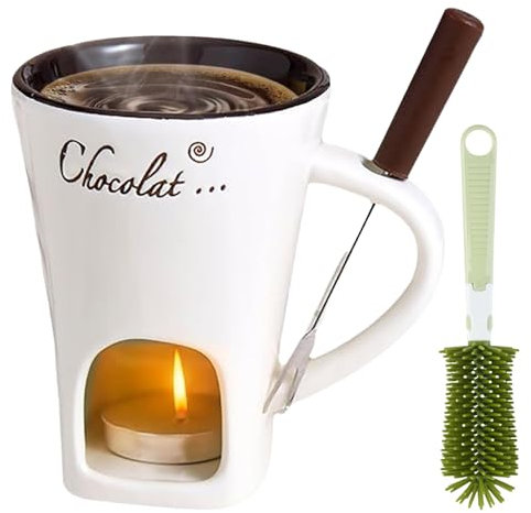 Chocolate Fondue Mug Set with Forks, Ceramic Personal Melting Cup for Cheese & Chocolate, Mini Fondue Pot with Tealight Candle, Perfect for Date Night & Gifts (White)