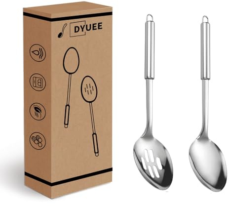 2 Pack Stainless Steel Cooking Spoon Set, Round Heat Resistant Handle Large Cooking Spoon Stainless Steel Kitchen Utensils Set for Frying, Mixing, Serving, Draining, Turning and Stirring