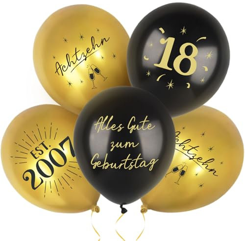 MEJOSER 24 Stück Deko 18. Geburtstag Luftballons Junge Mädchen Mann Frauen Ballons Latex 18 Happy Birthday 2007 Schwarz Gold Alles Gute zum Geburtstag Geburtstagsdeko (18)