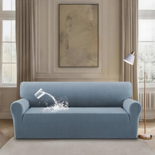 BellaHills Wasserdicht Sofa überzug, Super Elastisch Sofabezug Mit Armlehnen Waschbarer, Sofaschoner rutschfest für Hunde Katzen und Haustiere, Graublau, Übergröße 3 Sitzer(205-240CM)