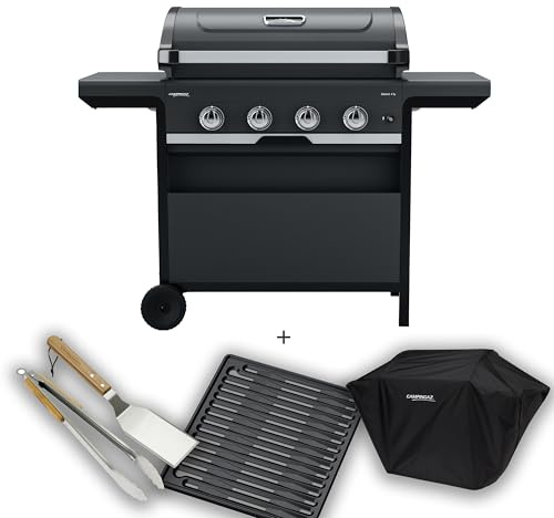 Campingaz Class 4 Select L Barbecue Gaz Combo avec grille de gril supplémentaire, housse, ustensiles, chariot BBQ gaz, 4 brûleurs en acier inoxydable, couvercle avec thermomètre, InstaClean, 12 kW