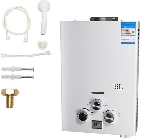 Scaldacqua a gas, scaldabagno a gas istantaneo, 12 kW, GPL, GPL, butano, propano, modalità invernali ed estive, protezione contro il surriscaldamento, con soffione doccia e impianto idraulico (6L)